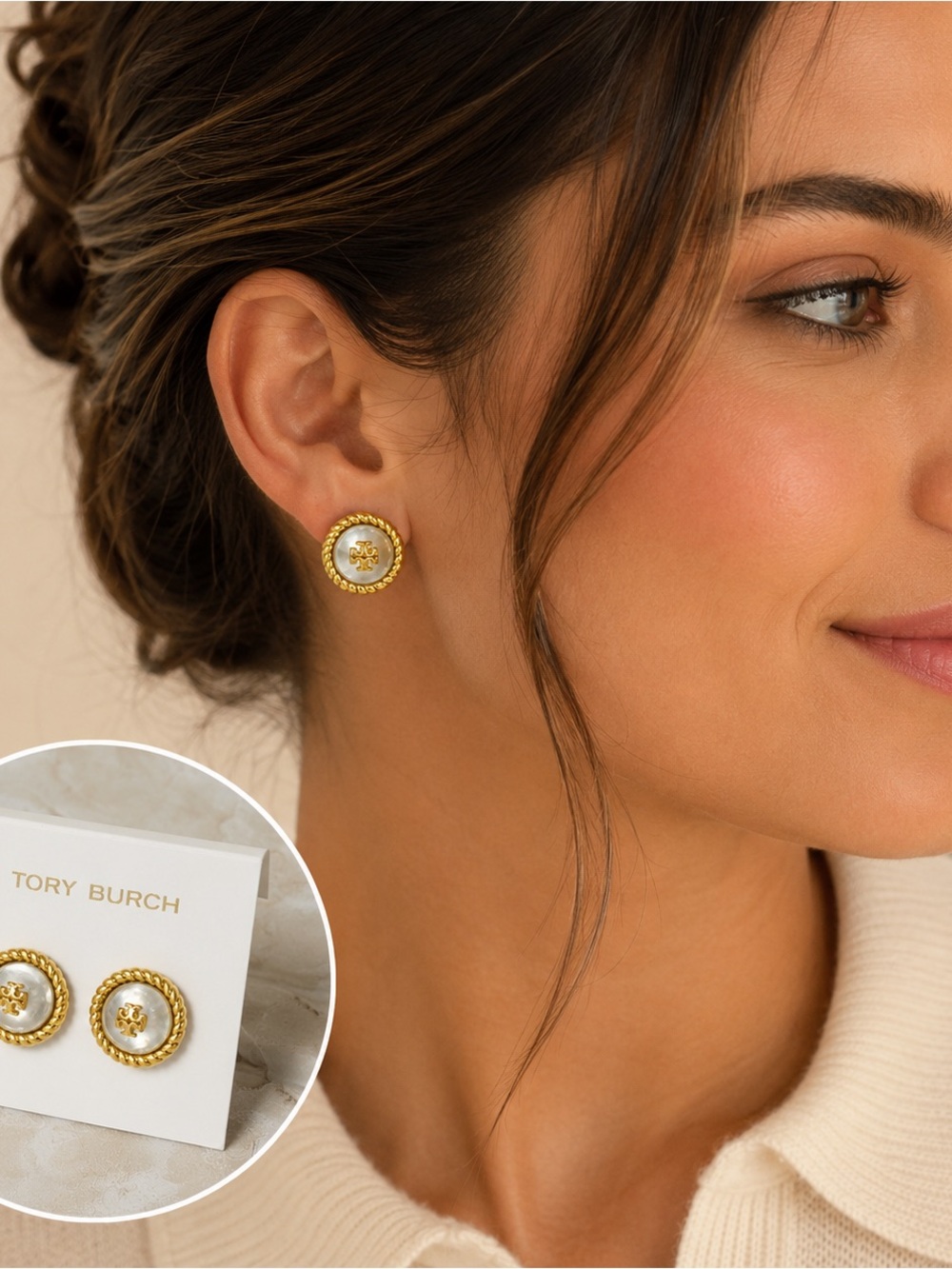 Tory Burch Gold and White Logo Rope-Edge Stud Earrings